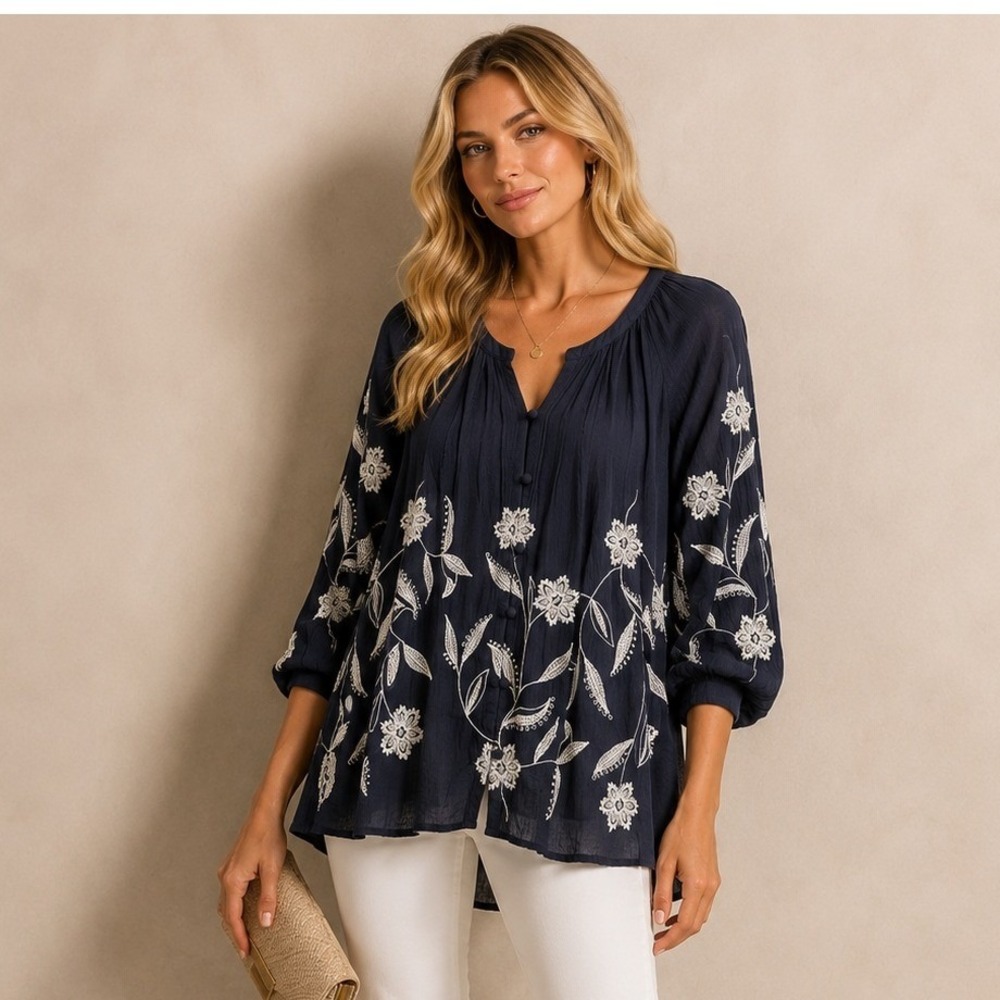 J.Jill Embroidered Floral Gauze Peasant Long Sleeve Blouse Pintuck Navy Blue M